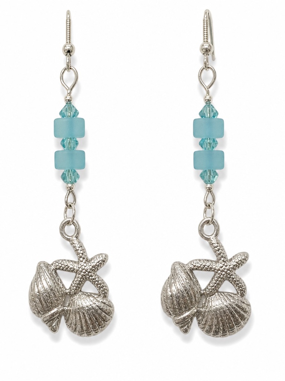 Silver-tone Shell & Starfish with Caribbean Blue Sea Glass and Crystal Earrings